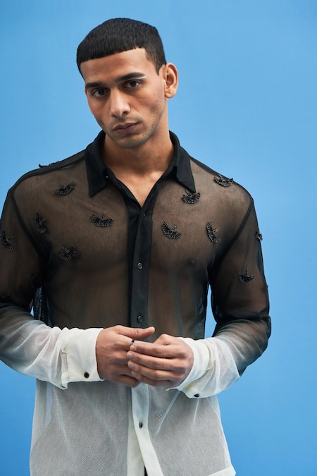 Shop_Siddhant Agrawal_Black 100% Cotton Mesh Cranes Ombre Shirt _Online_at_Aza_Fashions