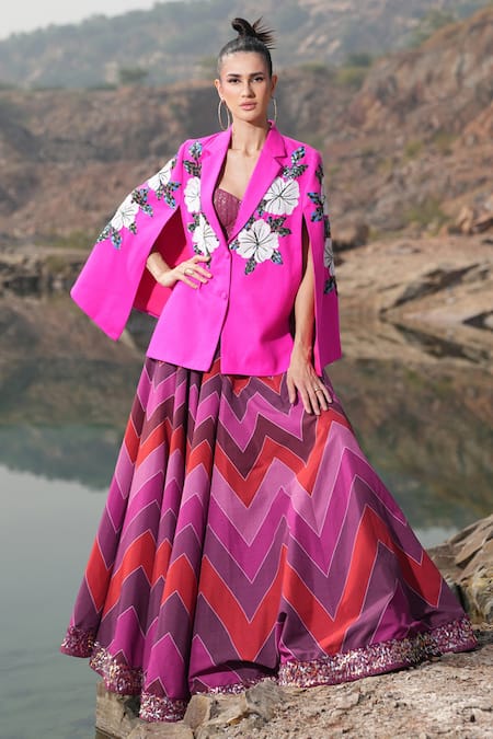 Neiza by Neeti Seth Fuchsia Cashmere Wool Hand Embroidered Sequin Floral Moti Cape  