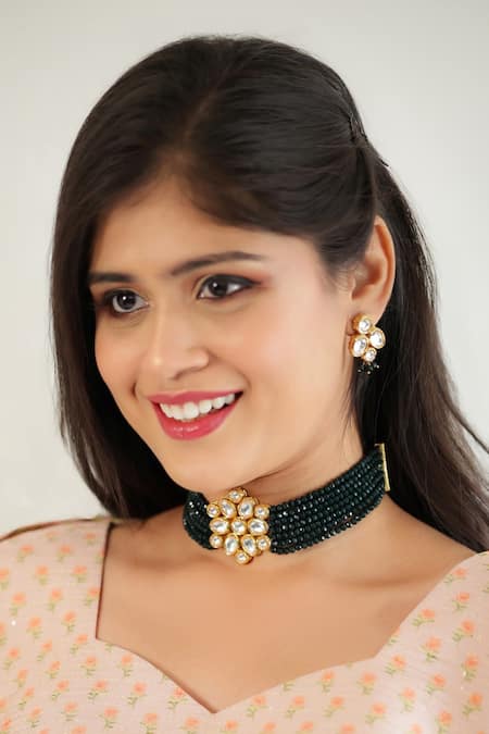 Ishhaara Gold Plated Beads, Diamonds Kundan Embellished Floral Motif Choker Set