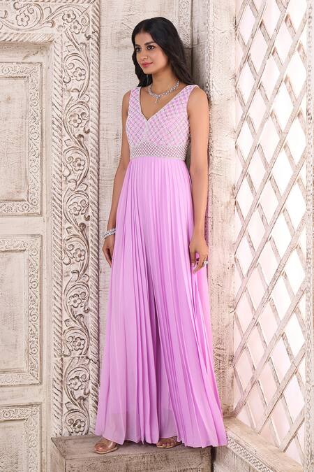 Aariyana Couture_Purple Viscose, Georgette Pearls, Cut Work Embroidered Bodice Pleated Jumpsuit_Online_at_Aza_Fashions