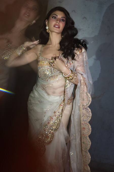 Buy_Pallavi Jaipur_Ivory Blouse Silk Blend And Saree Organza Lining Shantoon Embroidered With 