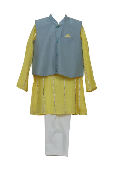 Buy Minime Organics Grey Kurta Chanderi Embellishment Gota Cotton Silk Bundi And Set at Aza Fashions Buy_Minime Organics_Grey Kurta Chanderi Embellishment Gota Cotton Silk Bundi And Set _at_Aza_Fashions