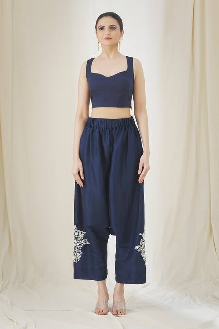 Anamika Khanna_Blue Chiffon, Cotton Tassels, Embroidery High Neck Shirt And Pant Set_Online_at_Aza_Fashions