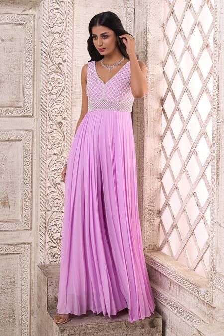 Aariyana Couture_Purple Viscose, Georgette Pearls, Cut Work Embroidered Bodice Pleated Jumpsuit_at_Aza_Fashions