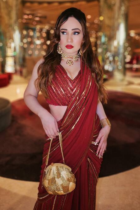 Shop_Nirmooha_Red Georgette, Nokia Silk V Neck Embroidered Pre-draped Saree With Blouse_Online_at_Aza_Fashions