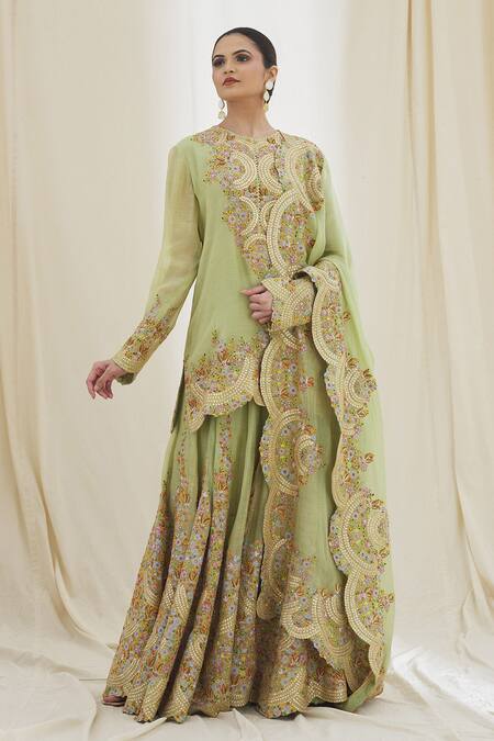 Anamika Khanna Green Cotton Embroidery Round Neck Floret Kurta Sharara Set at Aza Fashions Anamika Khanna_Green Cotton Embroidery Round Neck Floret Kurta Sharara Set_at_Aza_Fashions