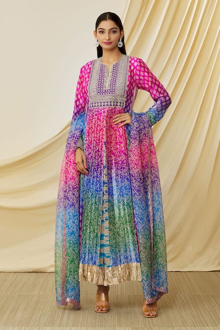 Prisha_Multi Color Silk Printed And Hand Embroidered Floral Ombre Anarkali Set _at_Aza_Fashions