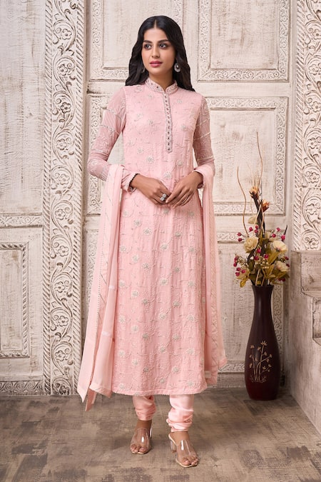 Buy_Aariyana Couture_Peach Viscose, Georgette Cut Work, Pearls, Floral Embroidered Straight Kurta Set_Online_at_Aza_Fashions