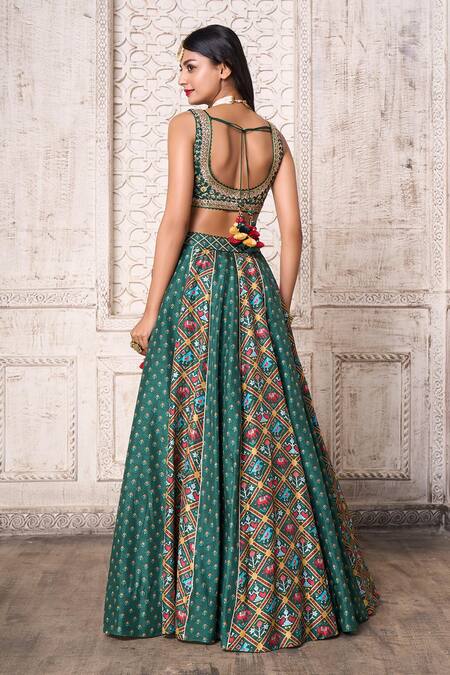 Shop Aariyana Couture Green Silk, Viscose, Tussar Embroidery, Patola Print Panelled Lehenga Set at Aza Fashions Shop_Aariyana Couture_Green Silk, Viscose, Tussar Embroidery, Patola Print Panelled Lehenga Set_at_Aza_Fashions