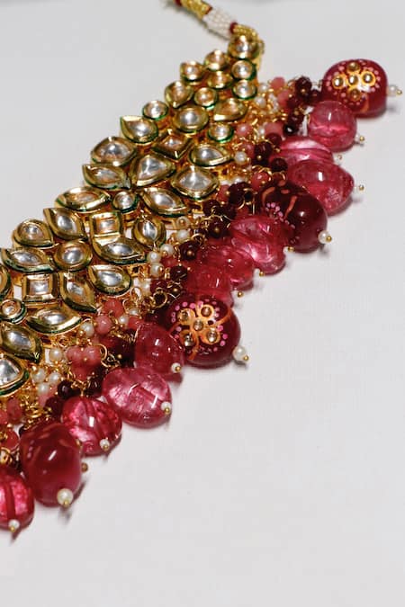 Shop_Ishhaara_Gold Plated Beads, Diamonds Kundan Embellished Choker Set _Online_at_Aza_Fashions
