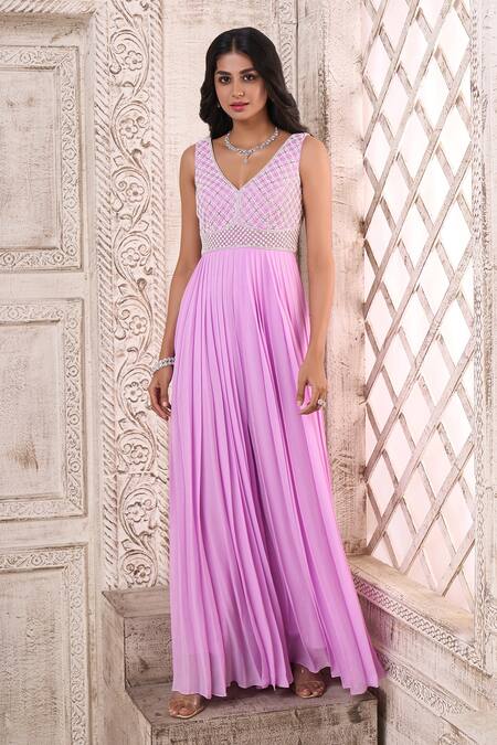 Shop_Aariyana Couture_Purple Viscose, Georgette Pearls, Cut Work Embroidered Bodice Pleated Jumpsuit_Online_at_Aza_Fashions