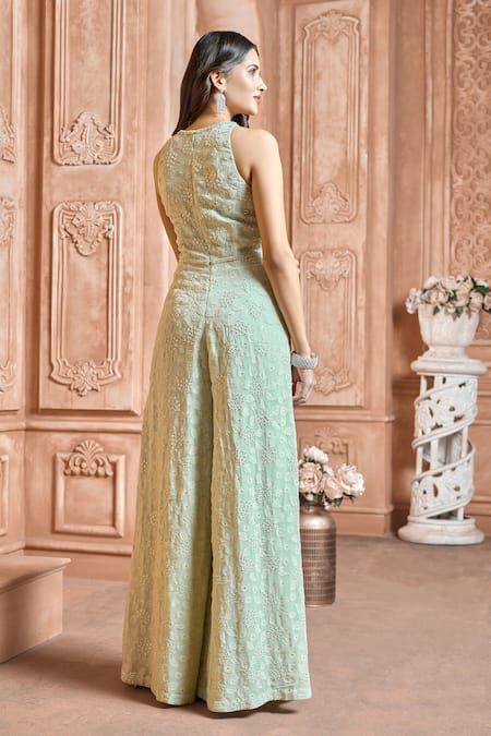 Ariyana By Aza_Green Viscose, Georgette Embroidery Round Neck Floral Jumpsuit _Online_at_Aza_Fashions