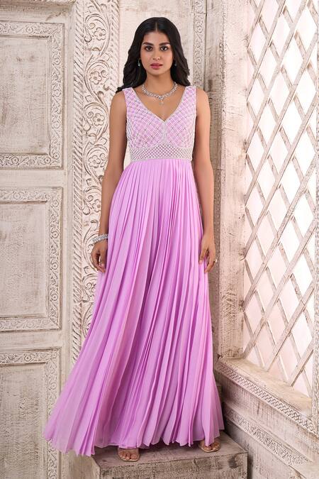 Shop_Aariyana Couture_Purple Viscose, Georgette Pearls, Cut Work Embroidered Bodice Pleated Jumpsuit