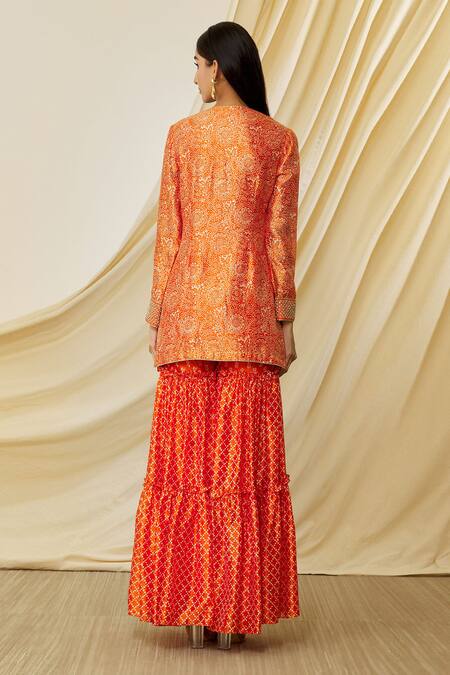 Shop Prisha Orange Silk Printed And Hand Embroidered Floral Kurta Gharara Set at Aza Fashions Shop_Prisha_Orange Silk Printed And Hand Embroidered Floral Kurta Gharara Set _at_Aza_Fashions