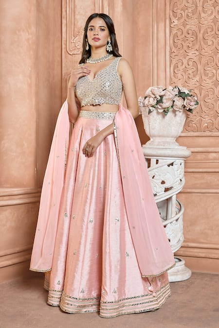 Shop_Aariyana Couture_Peach Denim, Silk, Viscose Mirrors, Sequins Scoop Embroidered Bridal Lehenga Set_Online_at_Aza_Fashions