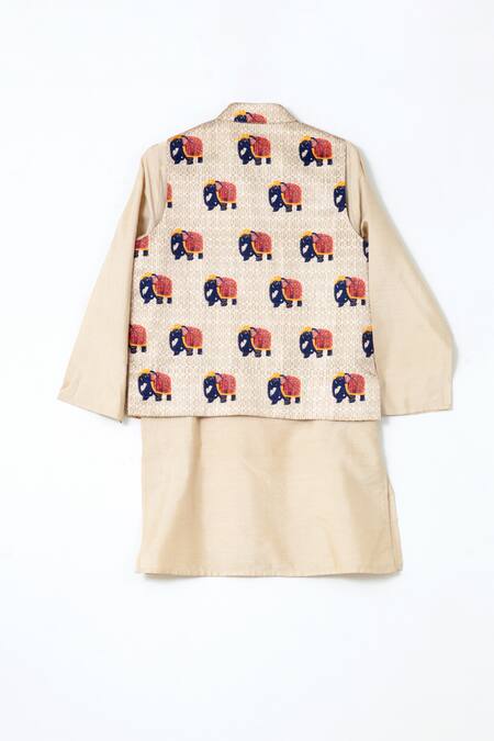 Shruti Jalan Beige Cotton, Satin, Kota Doria Elephant Print Bundi And Kurta Set Online at Aza Fashions Shruti Jalan_Beige Cotton, Satin, Kota Doria Elephant Print Bundi And Kurta Set _Online_at_Aza_Fashions