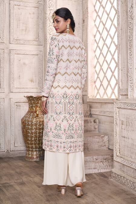 Shop Aariyana Couture Off White Viscose, Georgette Embroidery Front Slit Kurta And Flared Pant Set at Aza Fashions Shop_Aariyana Couture_Off White Viscose, Georgette Embroidery Front Slit Kurta And Flared Pant Set_at_Aza_Fashions