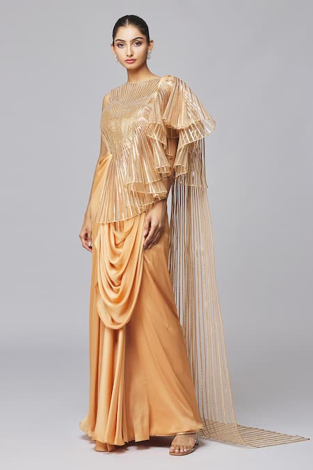Buy Amit Aggarwal Gold Chiffon Metallic Thread Round Neck Striped Ruffle Gown Online at Aza Fashions Buy_Amit Aggarwal_Gold Chiffon Metallic Thread Round Neck Striped Ruffle Gown _Online_at_Aza_Fashions