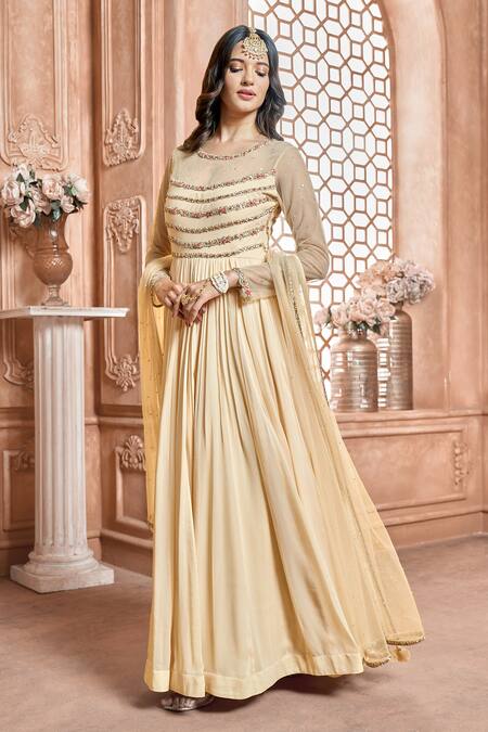 Aariyana Couture_Gold Viscose, Modal, Net Embroidery Round Neck Pleated Anarkali Set_at_Aza_Fashions