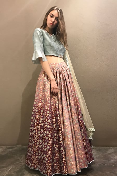 Shop I Am Design Purple Silk, Net Round Printed And Embroidered Lehenga Set at Aza Fashions Shop_I Am Design_Purple Silk, Net Round Printed And Embroidered Lehenga Set _at_Aza_Fashions