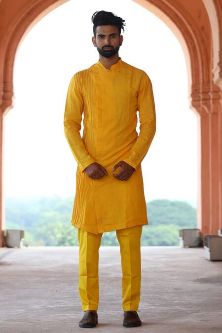 Shop_Hilo Design_Yellow Linen Silk And Lycra Avar Plain Kurta & Pant Set _at_Aza_Fashions