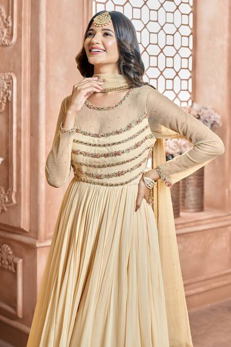 Buy_Aariyana Couture_Gold Viscose, Modal, Net Embroidery Round Neck Pleated Anarkali Set_Online_at_Aza_Fashions