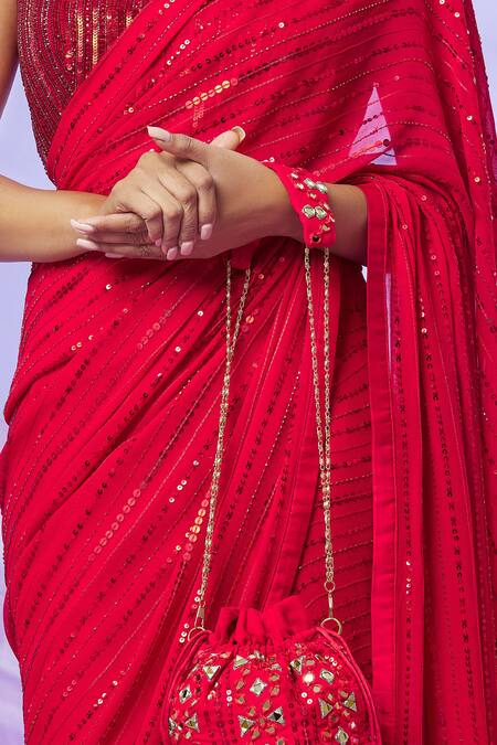 Shop_Yoshita Couture_Red Satin, Shantoon, Bag- , Blouse - With Noori Embroidered _Online_at_Aza_Fashions