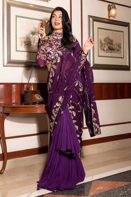 Buy Wine Faux Georgette Embroidered Saree Party Wear Online at Best Price |  Cbazaar