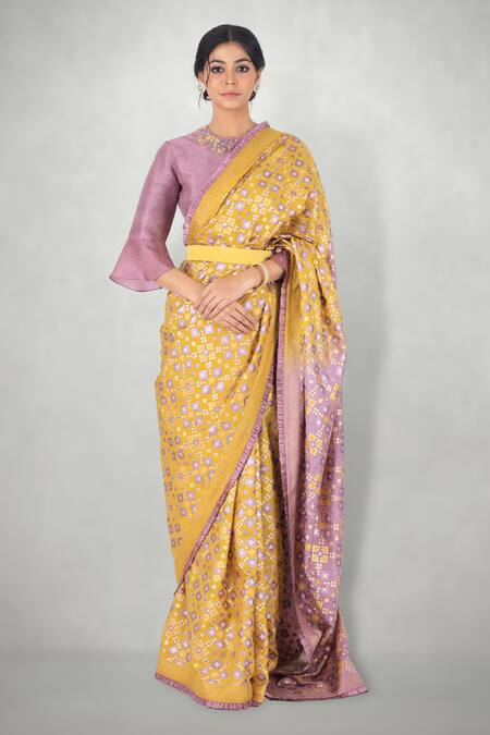Shop I Am Design Yellow Silk Ikkat Round Embroidered Blouse With Print Saree Online at Aza Fashions Shop_I Am Design_Yellow Silk Ikkat Round Embroidered Blouse With Print Saree _Online_at_Aza_Fashions