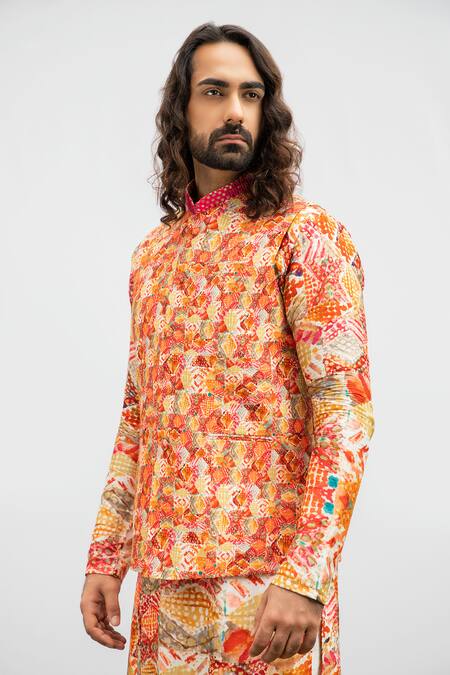 Kaka Calcutta_Red Bamboo Mirrors, Diamonds Embroidered Bam Silk Bundi _Online_at_Aza_Fashions