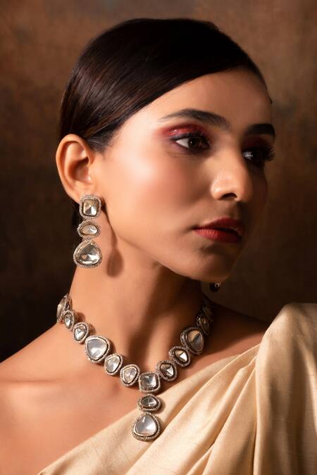 Shop_Ishhaara_Gold Plated Imitation Diamonds Polki Studded Necklace Set _Online_at_Aza_Fashions