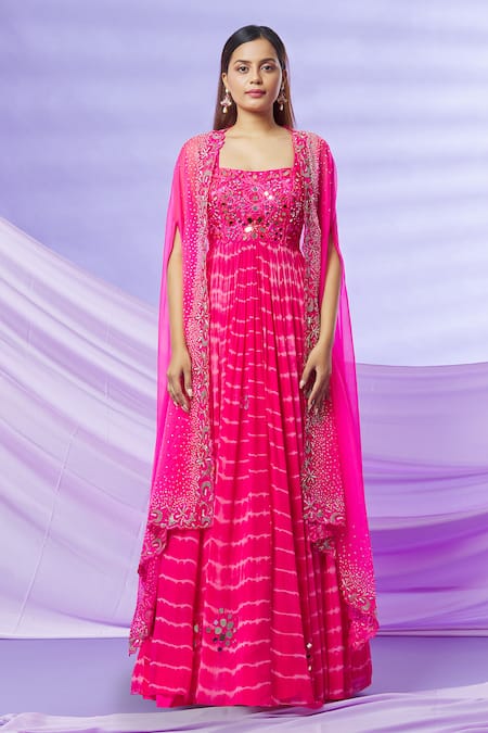 Yoshita Couture_Pink Anarkali - Georgette With Shantoon Lining, Cape- Organza Inaya Tie Dye _Online_at_Aza_Fashions