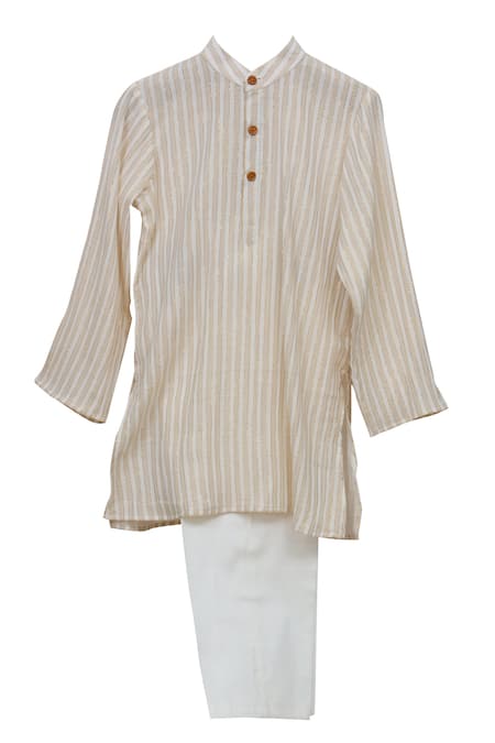 Minime Organics Off White Cotton, Lurex Striped Pattern Kurta And Pyjama Set 