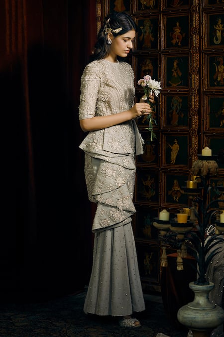 Sahil Kochhar Grey Organza And Crepe Ghazala Flower Kurta & Sharara Set  