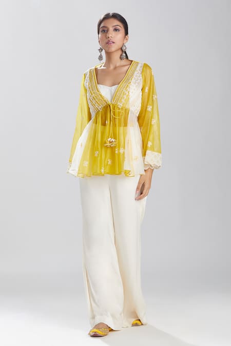 Megha Bansal Yellow Silk Organza Embroidery Beads V Neck Amalta Kedia Jacket 