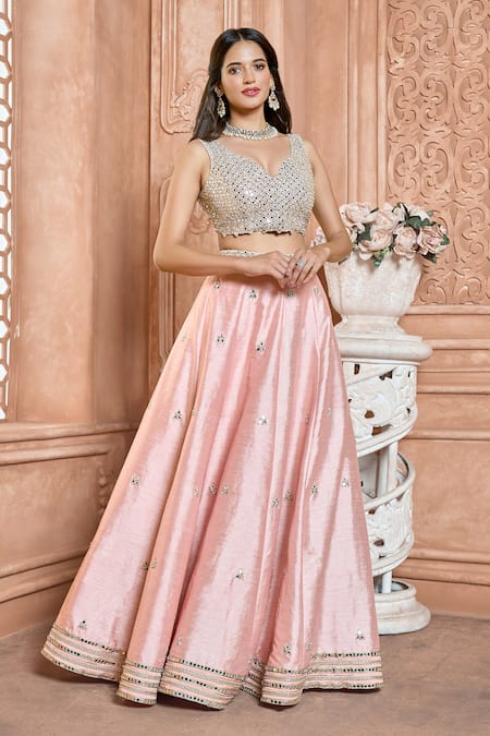 Buy_Aariyana Couture_Peach Denim, Silk, Viscose Mirrors, Sequins Scoop Embroidered Bridal Lehenga Set_Online_at_Aza_Fashions