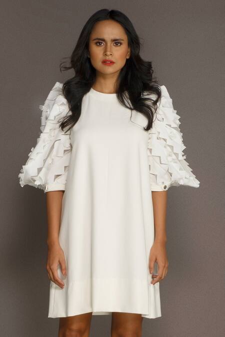 Deepika Arora_White Roma Cut Work And 3d Flowers Round Embroidered Balloon Sleeve Dress_at_Aza_Fashions