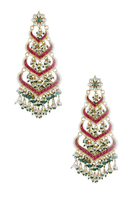 Shop_Auraa Trends_Red Kundan Polki Embellished Long Earrings_Online_at_Aza_Fashions