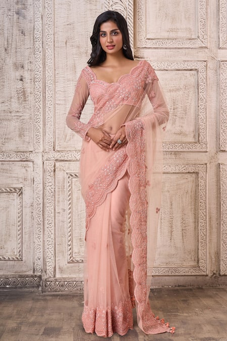 Shop Aariyana Couture Peach Modal, Net, Satin Pearls, Cut Scallop Embroidered Border Saree With Blouse Online at Aza Fashions Shop_Aariyana Couture_Peach Modal, Net, Satin Pearls, Cut Scallop Embroidered Border Saree With Blouse_Online_at_Aza_Fashions