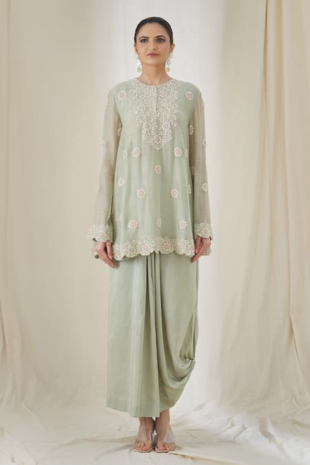 Anamika Khanna_Green Cotton Embroidery Round Neck Floral Tunic Skirt Set _at_Aza_Fashions