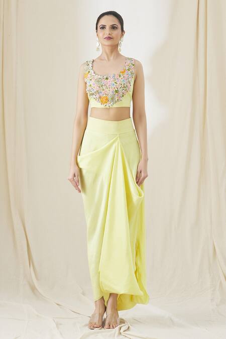 Anamika Khanna_Yellow Floral Embroidered Cape And Skirt Set_Online_at_Aza_Fashions