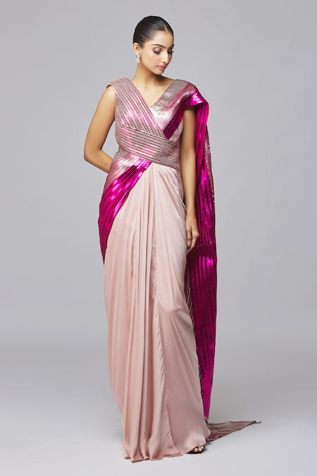Buy_Amit Aggarwal_Fuchsia Chiffon Metallic Thread V-neck Stripe Draped Gown _Online_at_Aza_Fashions