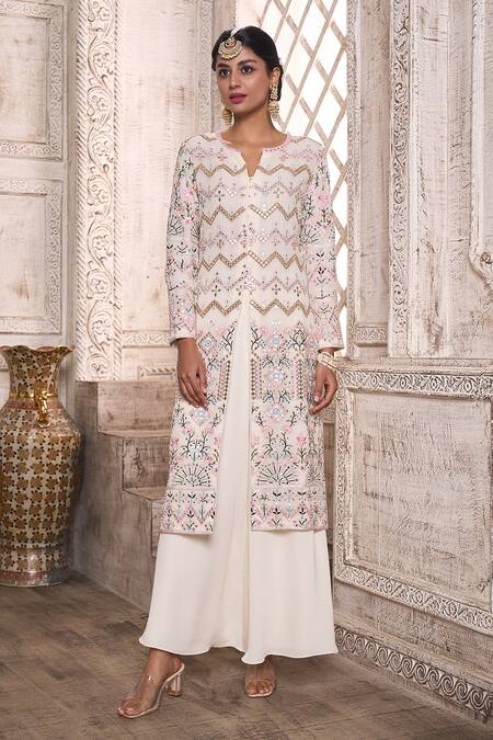 Buy Aariyana Couture Off White Viscose, Georgette Embroidery Front Slit Kurta And Flared Pant Set Online at Aza Fashions Buy_Aariyana Couture_Off White Viscose, Georgette Embroidery Front Slit Kurta And Flared Pant Set_Online_at_Aza_Fashions