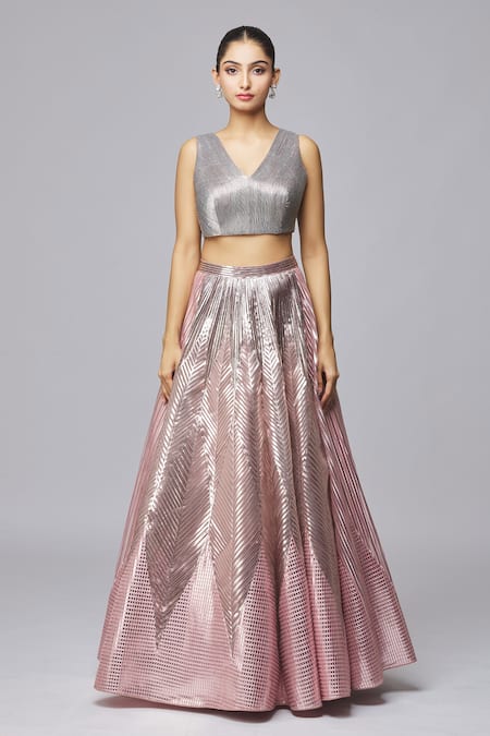 Amit Aggarwal Pink Tulle Metallic Thread V-neck Striped Lehenga Set at Aza Fashions Amit Aggarwal_Pink Tulle Metallic Thread V-neck Striped Lehenga Set_at_Aza_Fashions