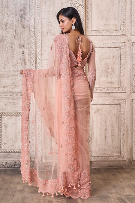 Shop Aariyana Couture Peach Modal, Net, Satin Pearls, Cut Scallop Embroidered Border Saree With Blouse at Aza Fashions Shop_Aariyana Couture_Peach Modal, Net, Satin Pearls, Cut Scallop Embroidered Border Saree With Blouse_at_Aza_Fashions