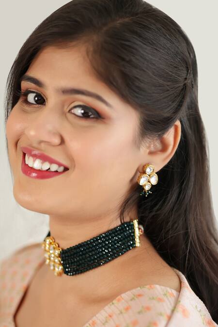 Ishhaara_Gold Plated Beads, Diamonds Kundan Embellished Floral Motif Choker Set _at_Aza_Fashions