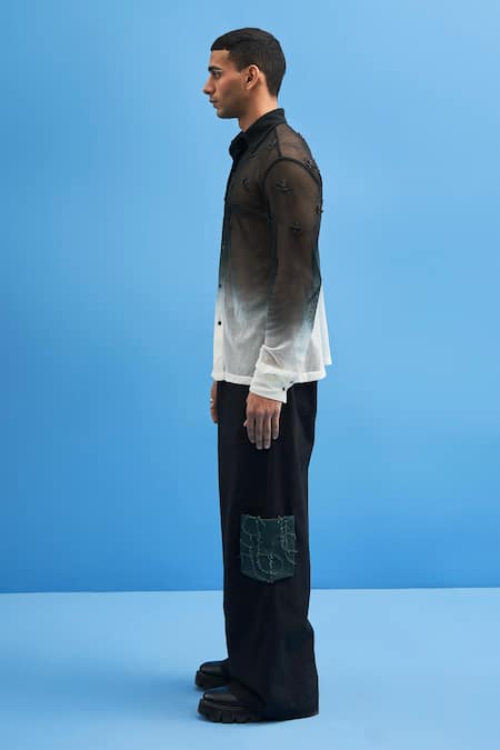 Buy_Siddhant Agrawal_Black 100% Cotton Mesh Cranes Ombre Shirt _Online_at_Aza_Fashions