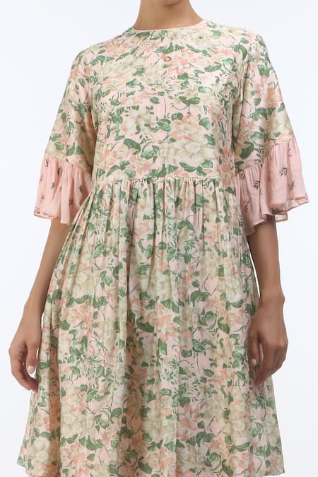 Nikasha_Pink Round Chanderi Floral Print Layered Dress _Online_at_Aza_Fashions