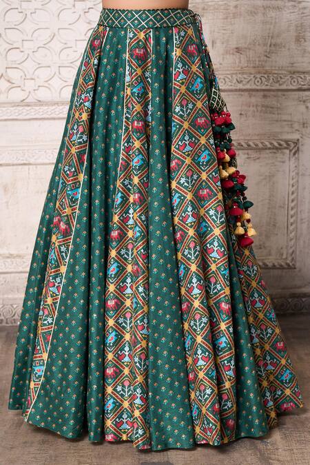 Aariyana Couture Green Silk, Viscose, Tussar Embroidery, Patola Print Panelled Lehenga Set Online at Aza Fashions Aariyana Couture_Green Silk, Viscose, Tussar Embroidery, Patola Print Panelled Lehenga Set_Online_at_Aza_Fashions