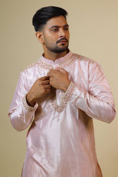 Shop_Hilo Design_Coral Cotton, Silk, Lycra Cut Work Mandarin Collar Kurta Set _Online_at_Aza_Fashions